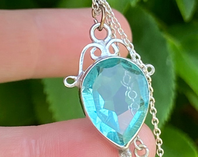 Elegant ornate blue tear drop silver pendant on silver 16” inch chain