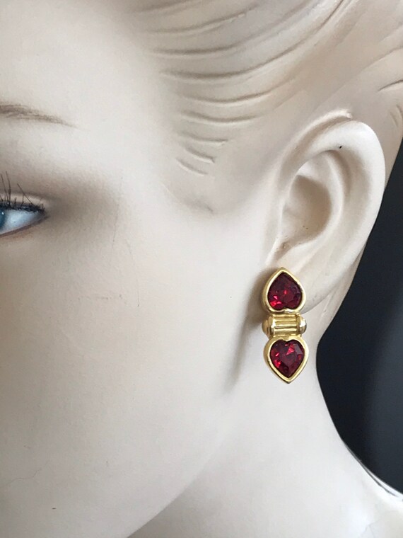 Beautiful vintage red rhinestone crystal heart pierced earrings Swarovski signed S.A.L