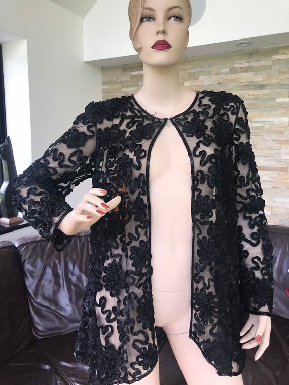 Vintage Frank Usher black lace beaded evening jacket