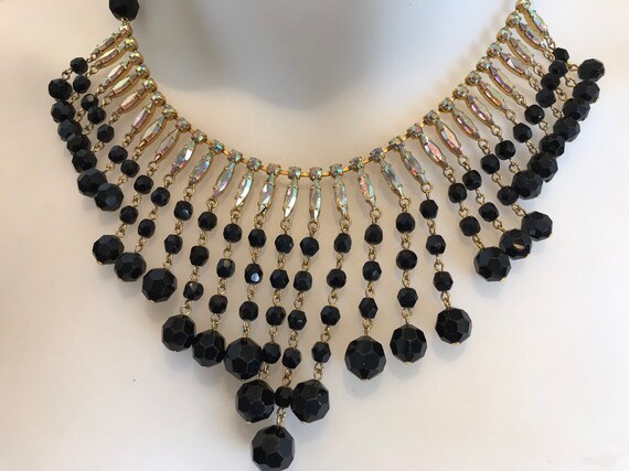 Stunning 1960s black glass and aurora Borealis crystal Statement bib collar necklace
