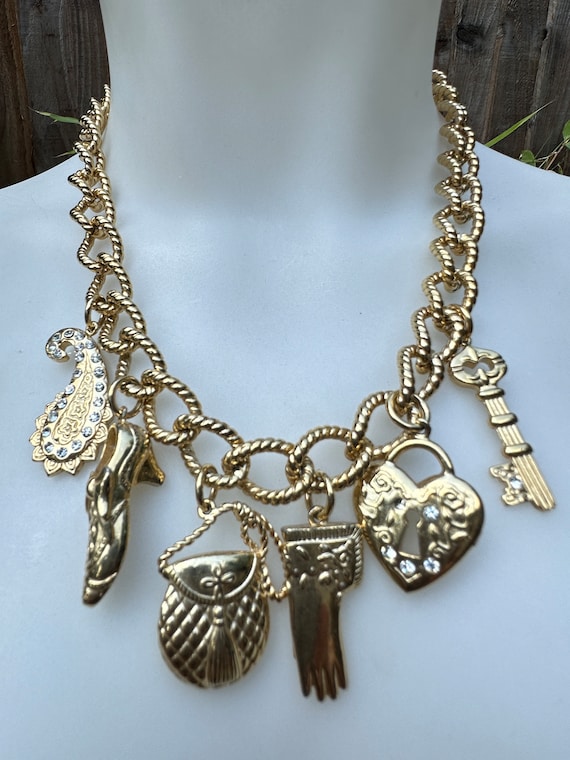 Whiting & Davis Gold Plated Charm Necklace: Chunky Chain, Signed Key
