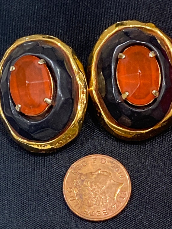 Large Designer Kalinger Paris vintage statement piece oversized clip on amber colour resin earrings gold toned c1980s