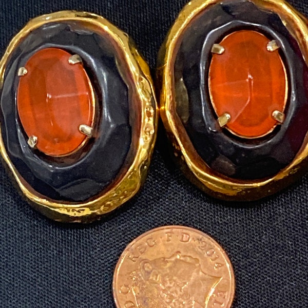 Large Designer Kalinger Paris vintage statement piece oversized clip on amber colour resin earrings gold toned c1980s