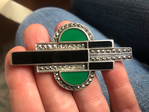 Ari D Norman Art Deco style Brooch Sterling Silver Onyx and green Agate