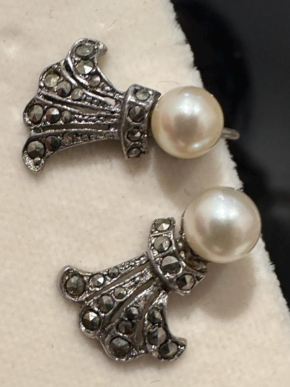 Vintage Art Deco Silver Marcasite & Pearl Fan Earrings