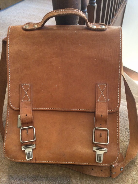 Original vintage tan leather hide large satchel bag with adjustable size handle laptop size bag unisex