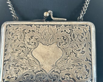 Antique Edwardian etched silver plated purse small evening bag wallet purse coin clutch bag