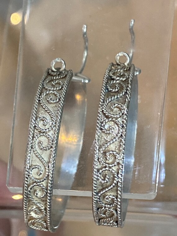 Large vintage silver filigree scroll design hoop earrings