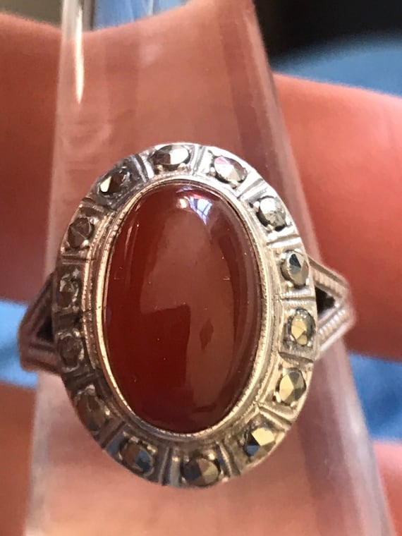 Stunning original Art Deco carnelian and Marcasite Sterling silver ring