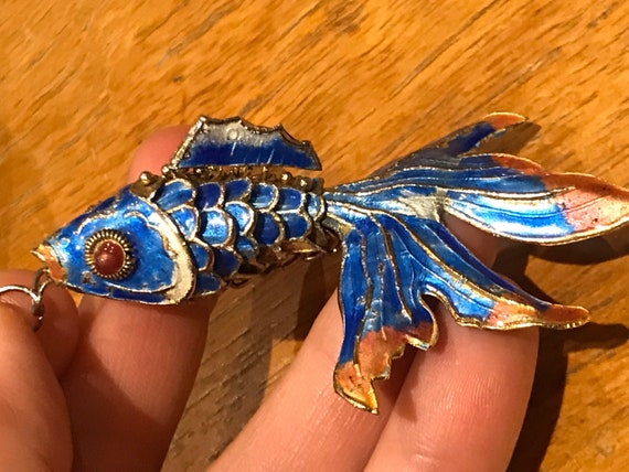 Vintage Chinese Sterling Silver blue enamelled Articulated fish pendant lucky Chinese New Year gift