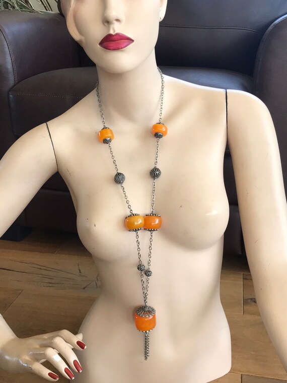 Striking long vintage Orange Amber resin chunky beaded statement piece chain necklace