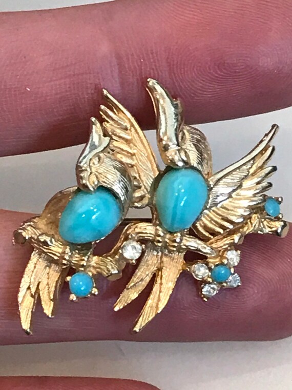 1960s Gold plated rare cockatiel parrot brooch faux turquoise glass by SPHINX