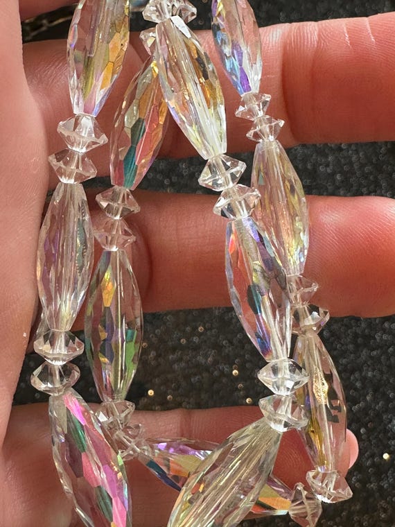 1950s/60s aurora borealis crystal faceted glass double stranded beaded choker with ornate clasp