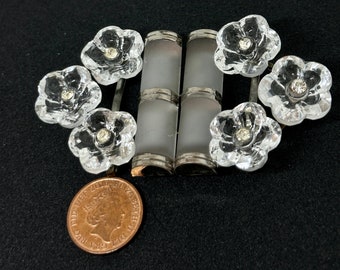 Rare original Art Deco frosted glass belt buckle with glass flowers and paste rhinestone detailing
