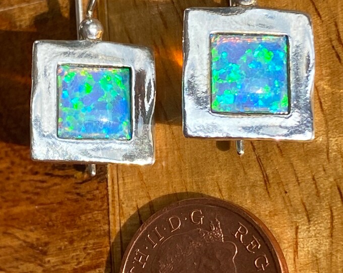 handcrafted Vintage signed Israel 925 earrings in sterling silver with square blue Opal stones