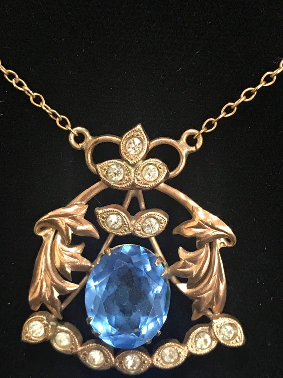 Vintage 1/10 coated 9ct gold Art Nouveau blue stone necklace