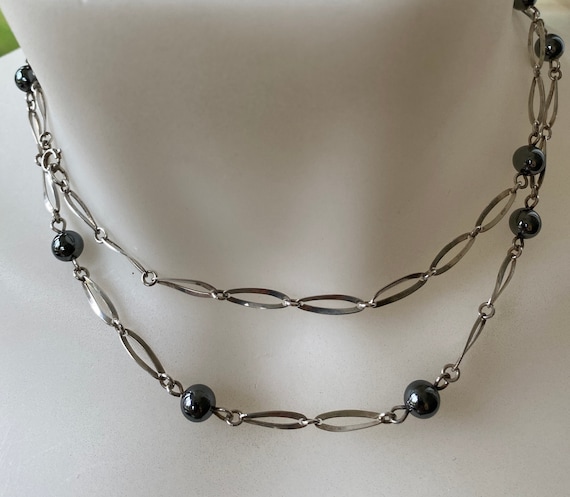 Vintage Silver and Hematite long linked chain necklace 32 inches