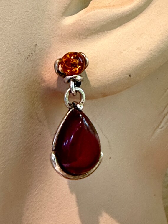 925 silver and honey two toned red and orange baltic amber drop earrings