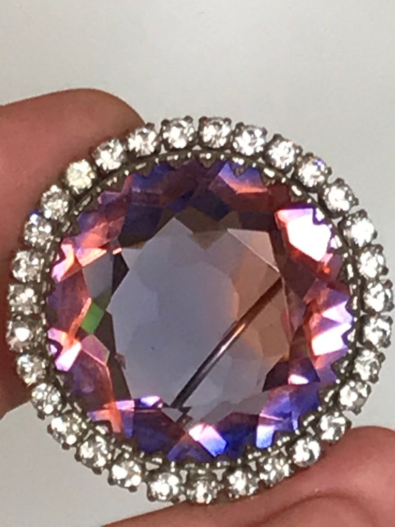 Vintage 1960s faceted Amethyst glass silver toned rhinestone brooch pin