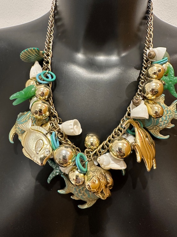 Fantastic sea themed vintage statement piece necklace turquoise starfish angel fish shells