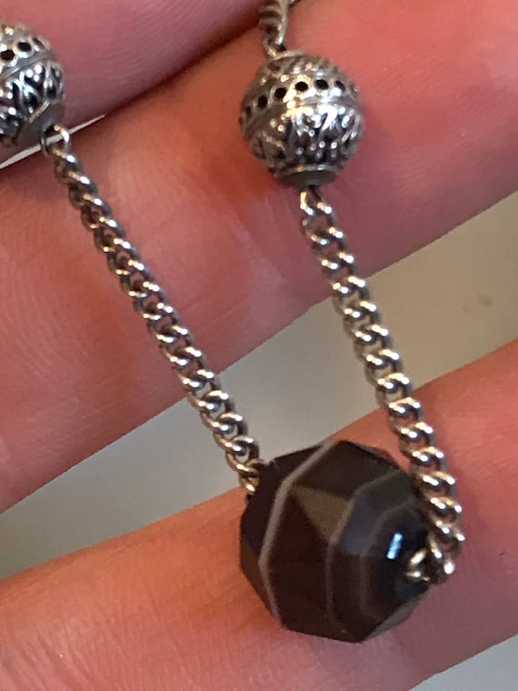 Long Antique Banded agate and 900 silver Sautoir necklace 30 inches