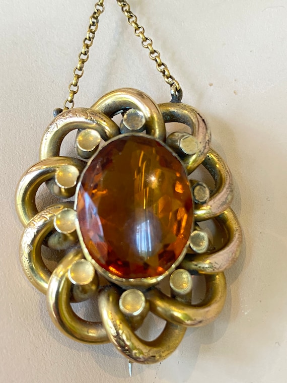 Beautiful Victorian large rolled gold orange cabochon brooch pendant necklace