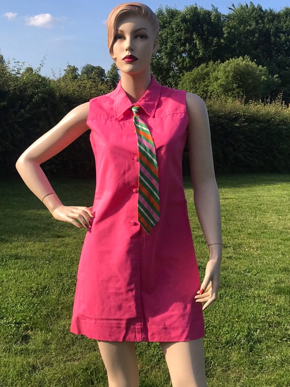 Original 1960s summer mini dress 35" length by St Micheals Junior Miss pink with striped tie Uk 8/10