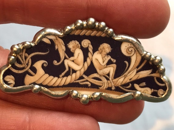 Hand made signed Carrigan tile brooch pendant depicting Pan, Greek god of the Forest Wedgwood Cornucopia
