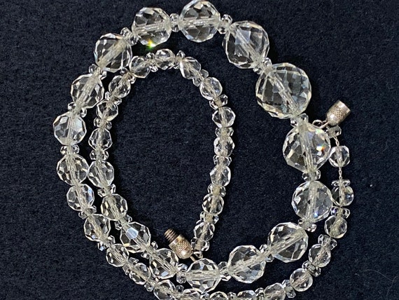 French Vintage Art Deco clear faceted glass beaded necklace on silver chain 18” inches in length