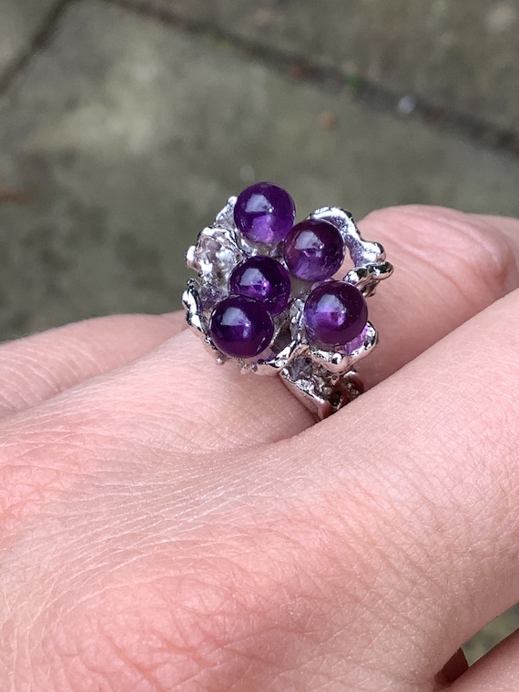 Fabulous Vintage solid silver and Amethyst brutalist baroque style statement piece ring U.K. size O US 7