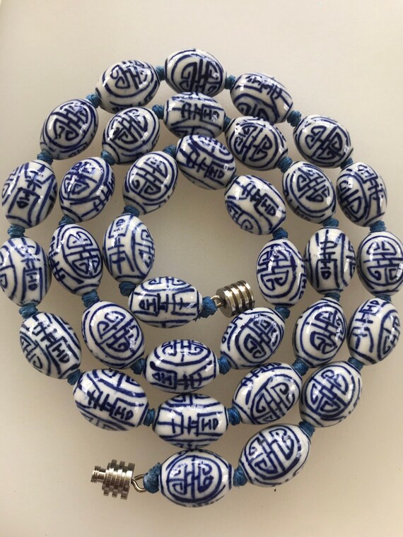 Striking Vintage blue and white hand painted porcelain beaded necklace