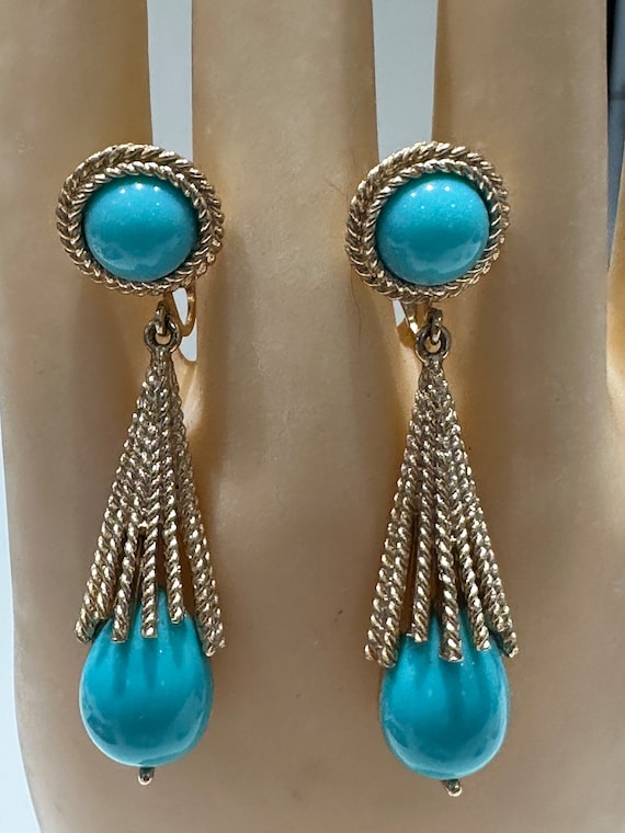 For Avon NINA RICCI French Designer Turquoise Blue Brushed Gold Starburst "Azurine" Long dangle clip on earrings