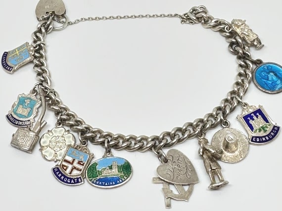 Vintage Sterling Silver Charm Bracelet: 12 Travel Charms, St. Christopher travel gifts
