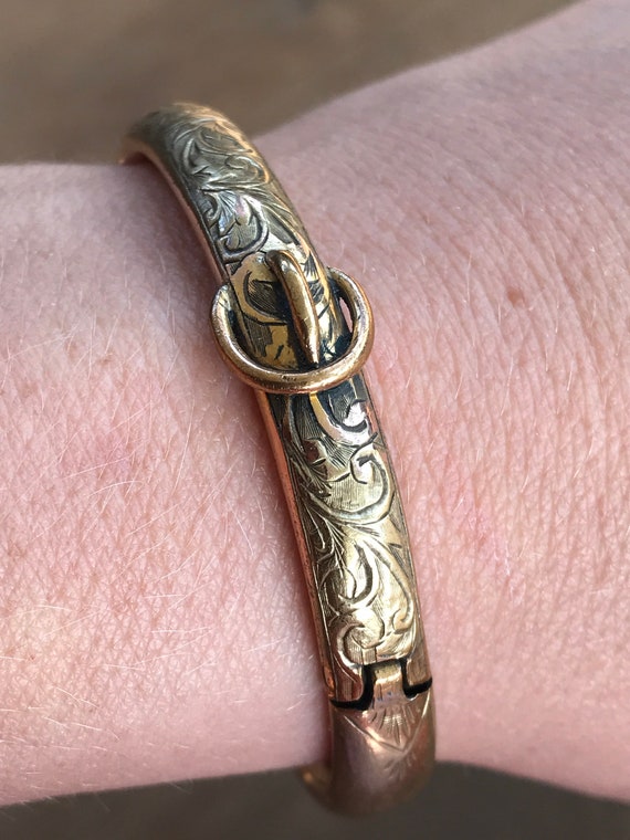 Antique Victorian gold filled etched design buckle bracelet markers Mark T+H