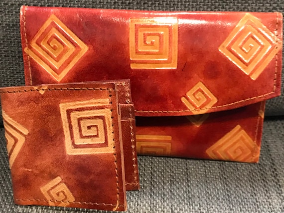 Vintage Moroccan tooled leather purse and card holder wallet matching set