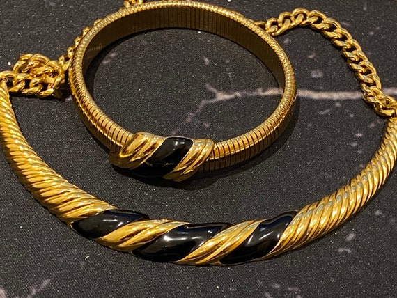 Beautiful Gold plated and black enamelled vintage signed MONET necklace and matching omega snake bracelet