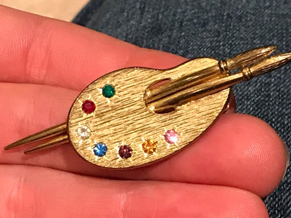 Artists palette and brushes vintage gold toned rhinestone brooch