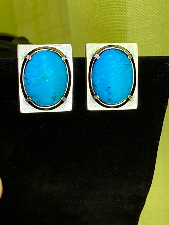 Large rectangular chunky solid  high grade silver and Turquoise  Mexican earrings