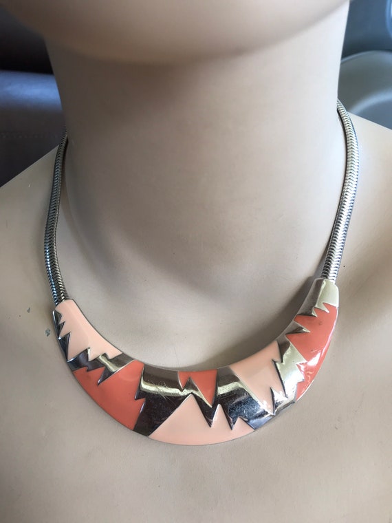 Striking 1980/90s Statement piece vintage pink and peach enamelled bib necklace Bergdorf Goodman jewellery