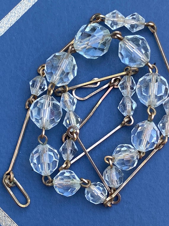 Original Art Deco clear crystal faceted glass beaded Necklace on gold toned wire chain 17 inches in length