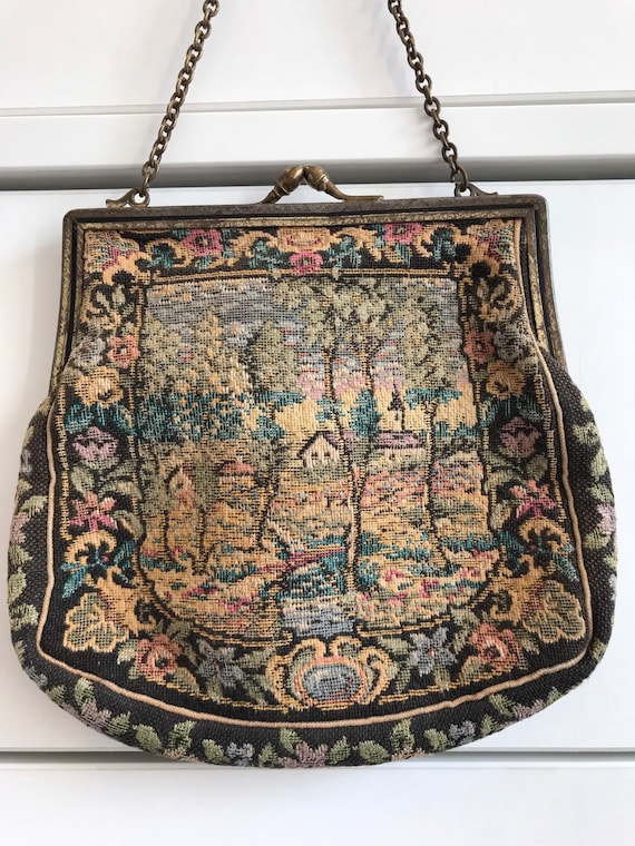Vintage petit point tapestry evening clutch bag 1940-50s