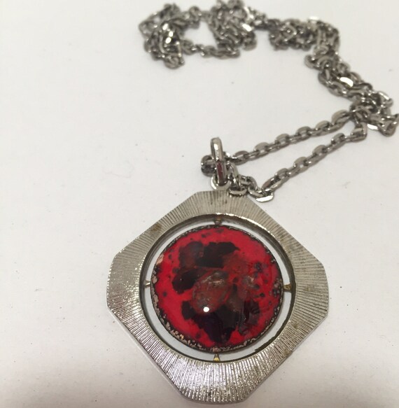 1960/70s coloured red glass enamelled modernist pendant with chain.