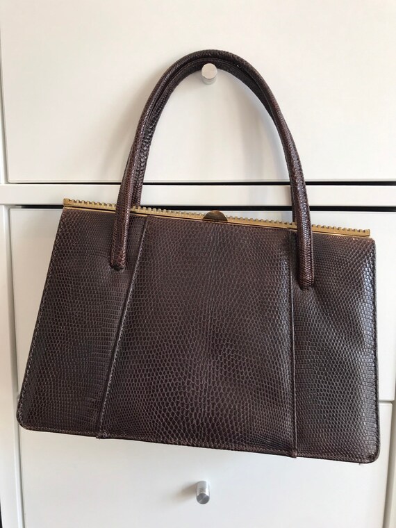 Vintage dark brown lizard skin handbag made in England Marquessa