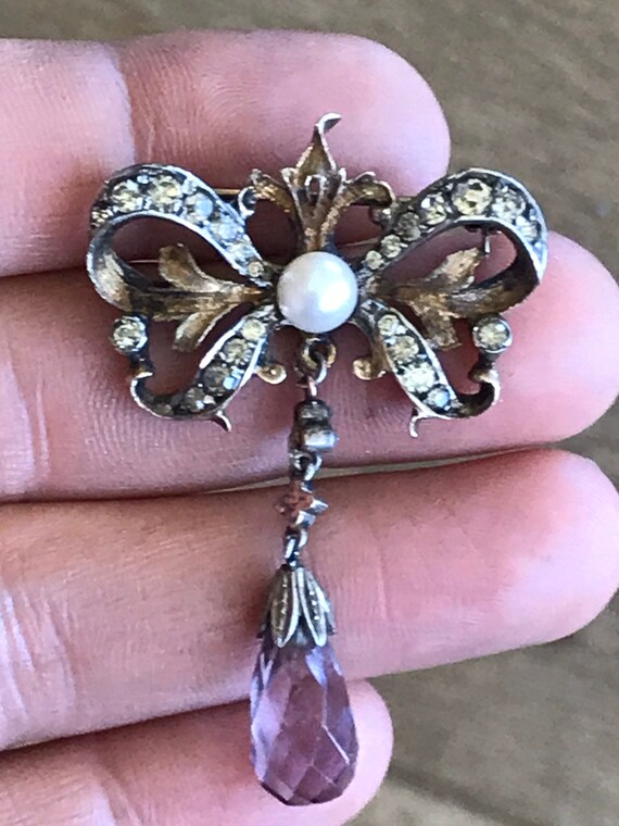 Stunning reworked vintage style silver and gold pearl and diamond ornate bow brooch