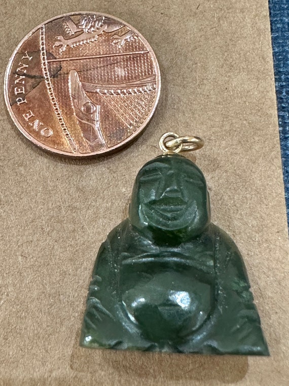 Vintage lucky Jade Buddha pendant charm with 14k gold bail