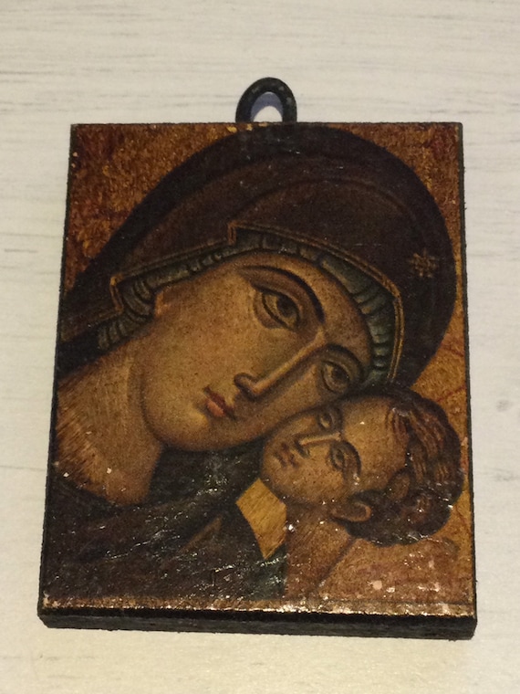 Small vintage wooden Orthodox Icon Mother and Child Travel size with hanging hook