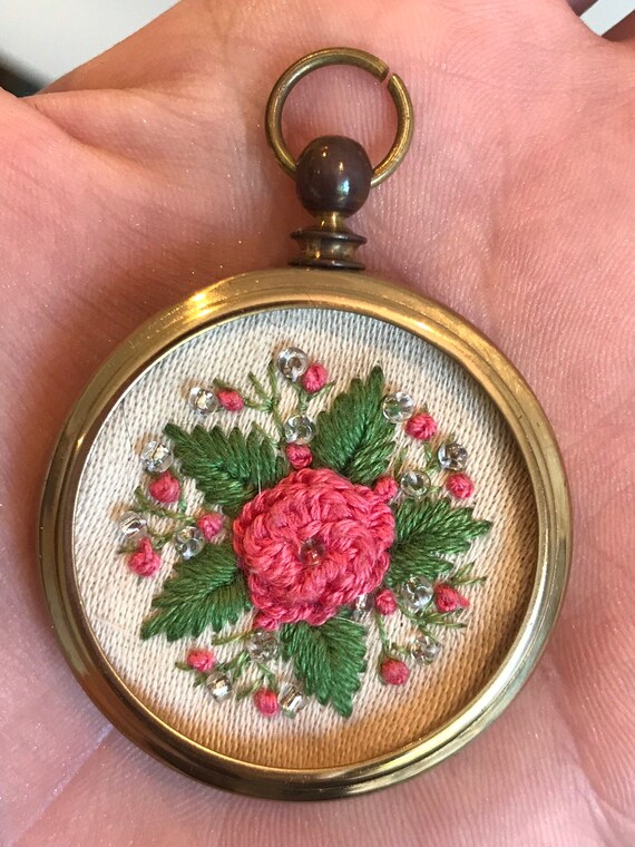vintage tapestry embroidered flower locket pendant