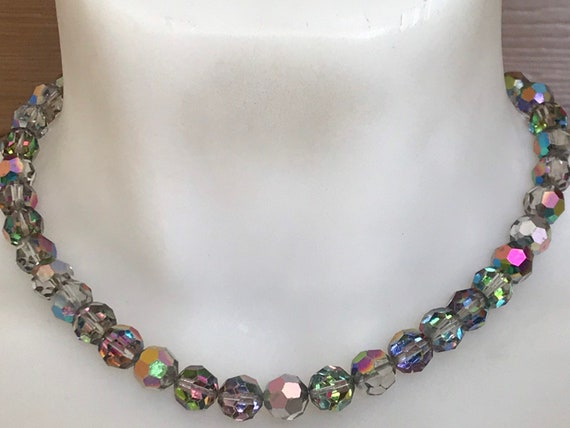 Art Deco auora Borealis carnival glass crystal chain beaded necklace 935 silver Marcasite clasp