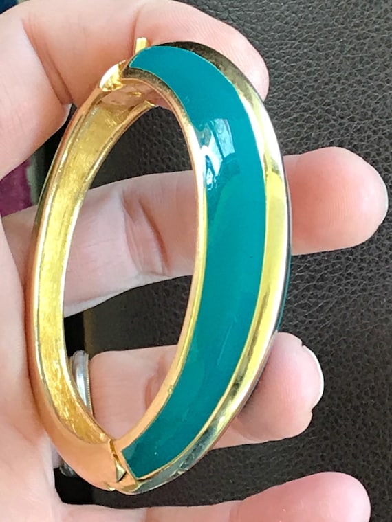 Designer Lanvin Paris vintage teal and gold enamel cuff bracelet