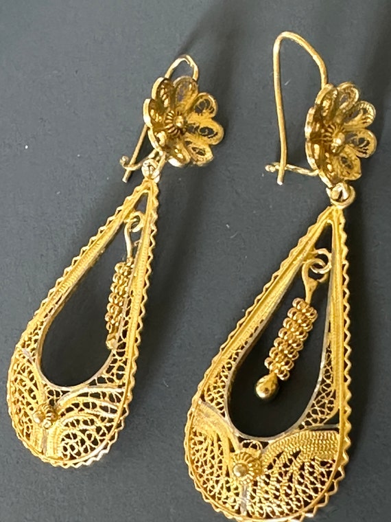 Vintage Portuguese gilded silver gold wash filigree drop earrings with hook fasteners